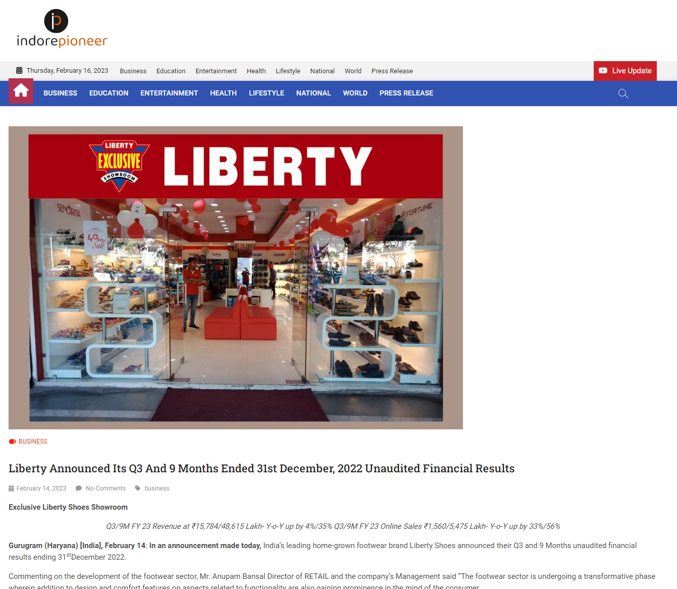 Liberty Announced Its Q3 And 9 Months Ended 31st December, 2022 Unaudited Financial Results